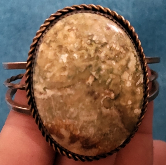 Vintage Native American Silver And Moss Agate Cuff Bracelet
